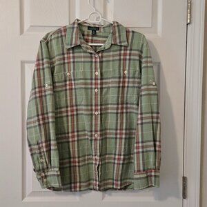 LRL Lauren Jeans Co. Green & Pink Plaid Cotton Flannel Long Sleeve Shirt Size XL